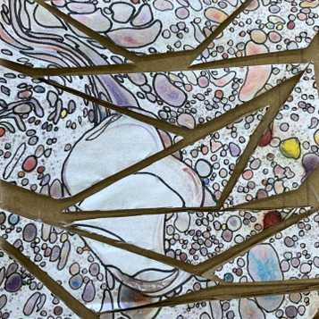 Mosaic cardboard pieces using marbling paper with drawn enhancement