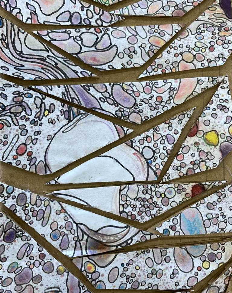 Mosaic cardboard pieces using marbling paper with drawn enhancement