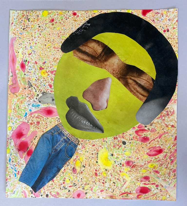 Collage using magazine and marbled paper