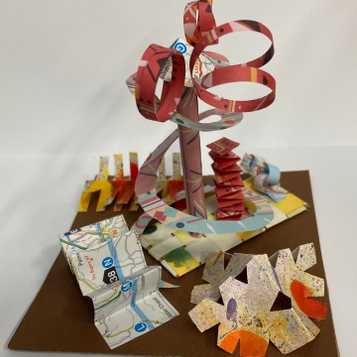 Paper sculpture using old maps,  origami paper, marbled paper and cardboard