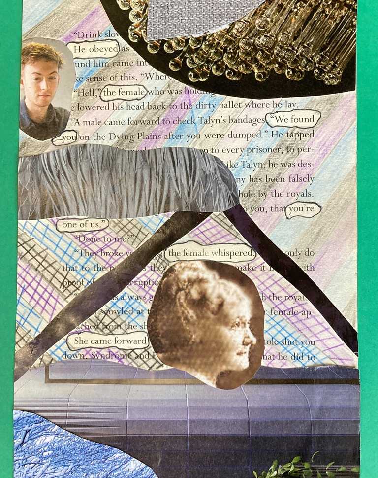 Collage using book paper inspired by the artist Tom Philip's 'A Humamanet' work