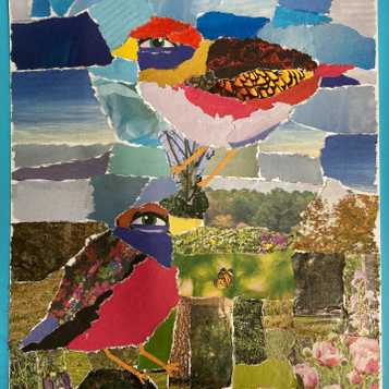 Bird collage using torn magazine pages
