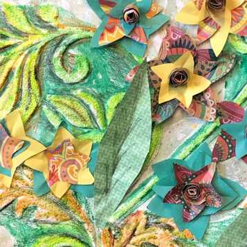 Relief collage using wallpaper, magazine paper and coloured enhancements