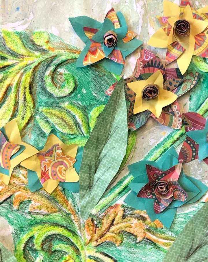 Relief collage using wallpaper, magazine paper and coloured enhancements