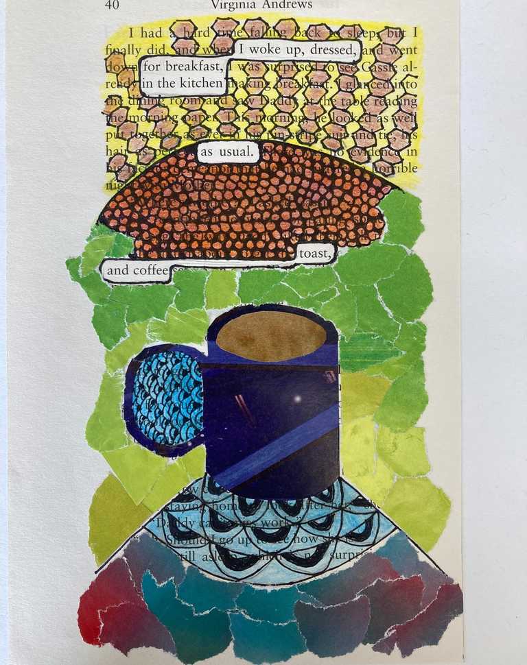 Collage using book paper inspired by the artist Tom Philip's 'A Humamanet' work