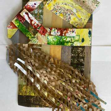 Relief piece using old packaging, magazine, brusho and marbled paper