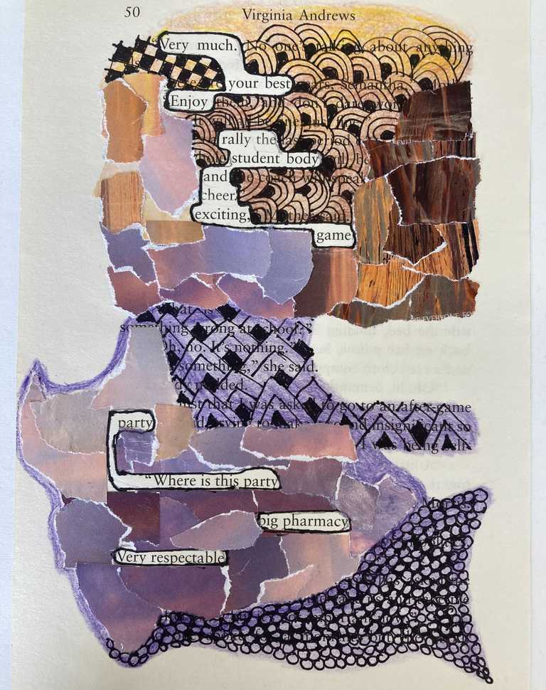 Collage using book paper inspired by the artist Tom Philip's 'A Humamanet' work