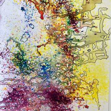 Brusho powder sprayed with water and enhanced with drawn sections