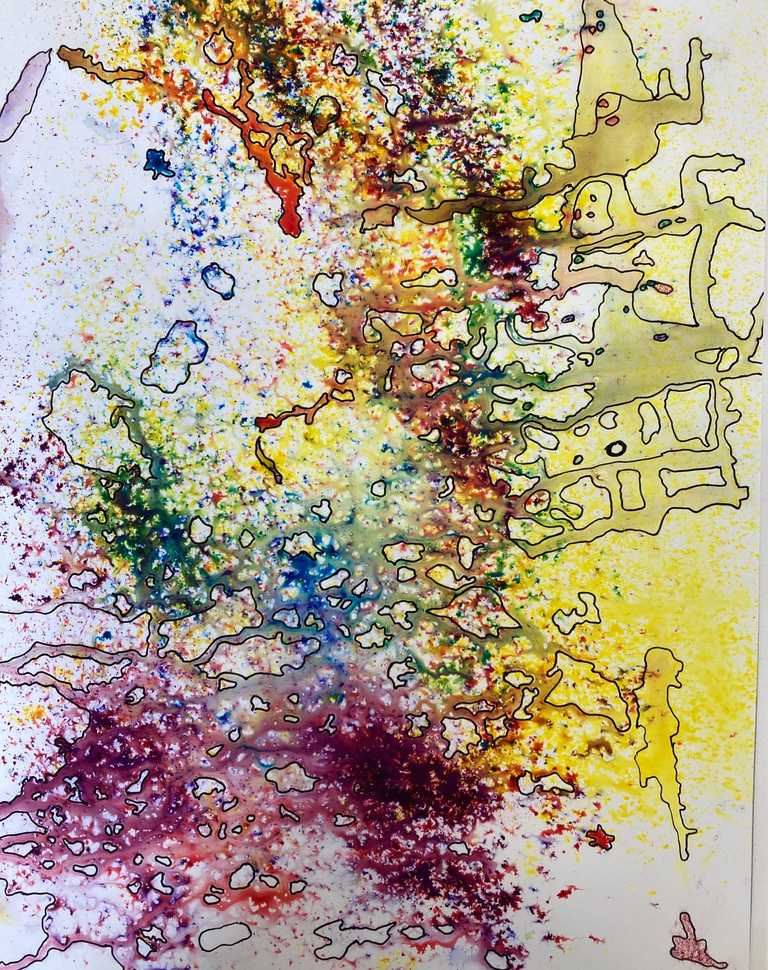 Brusho powder sprayed with water and enhanced with drawn sections