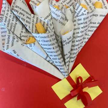 Relief flower bouquet using book and coloured paper