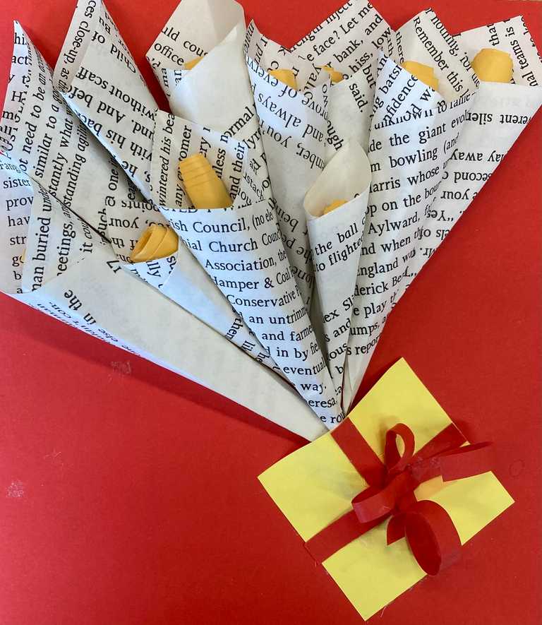 Relief flower bouquet using book and coloured paper