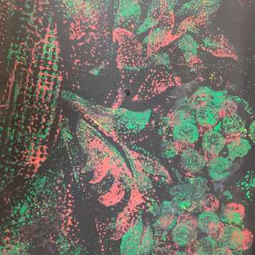 Red and green relief print using wallpaper, material and bubble wrap