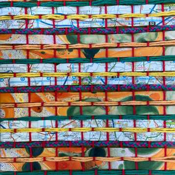 Weaving using old map paper and wool on cardboard