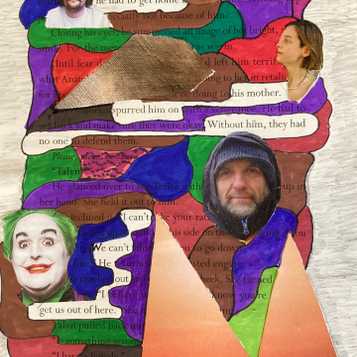 Collage using book paper inspired by the artist Tom Philip's 'A Humamanet' work
