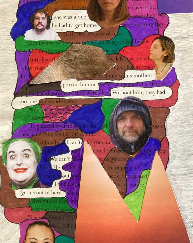 Collage using book paper inspired by the artist Tom Philip's 'A Humamanet' work